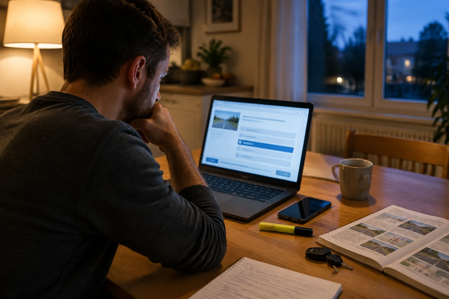 Futur chauffeur VTC qui révise l'examen théorique sur son ordinateur, le soir, à la table de sa cuisine