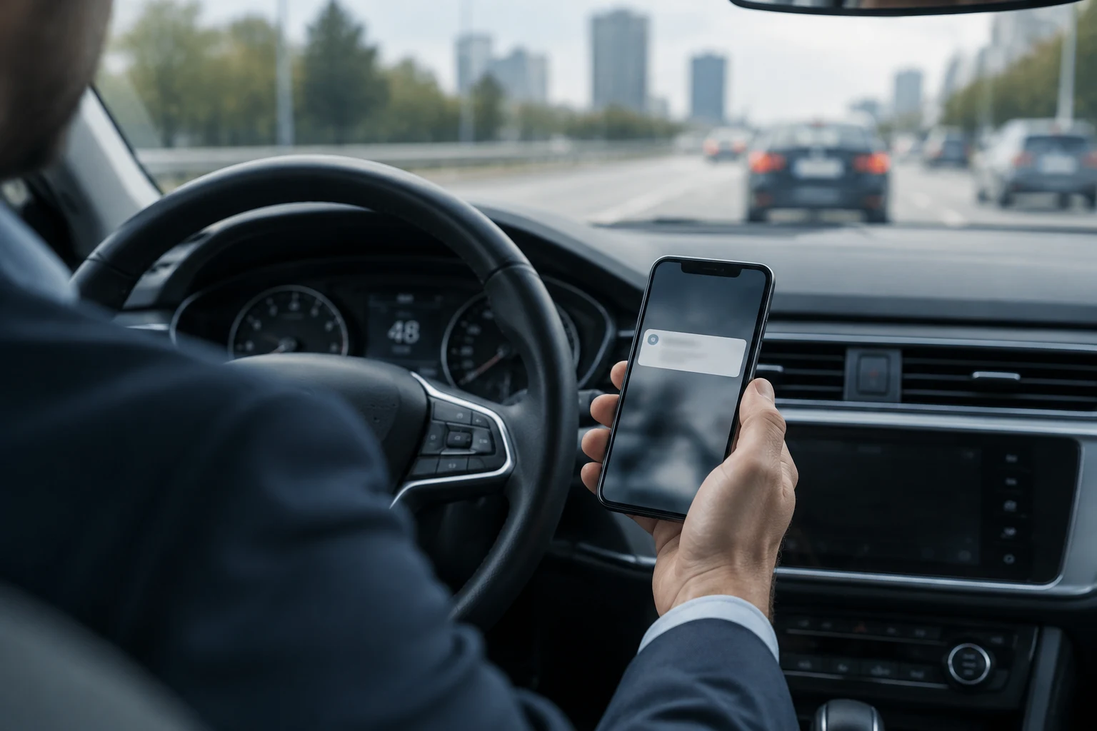 Conductor VTC con un aviso en el móvil dentro del vehículo
