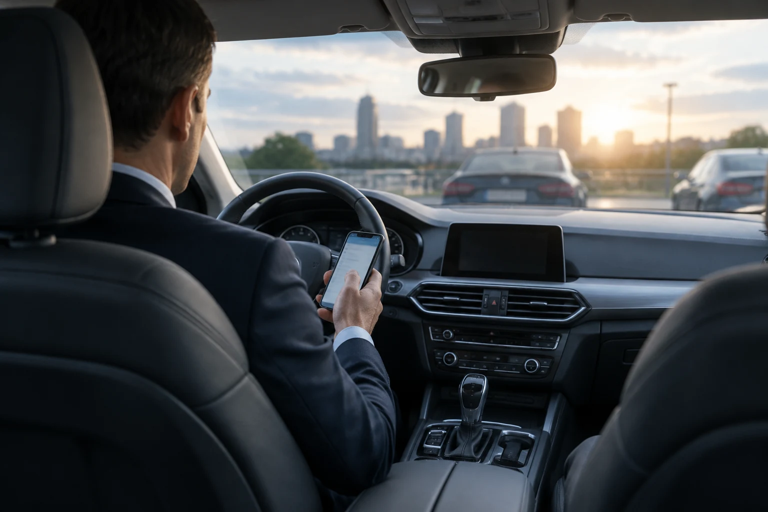 Conductor VTC consultando el móvil al volante durante una pausa