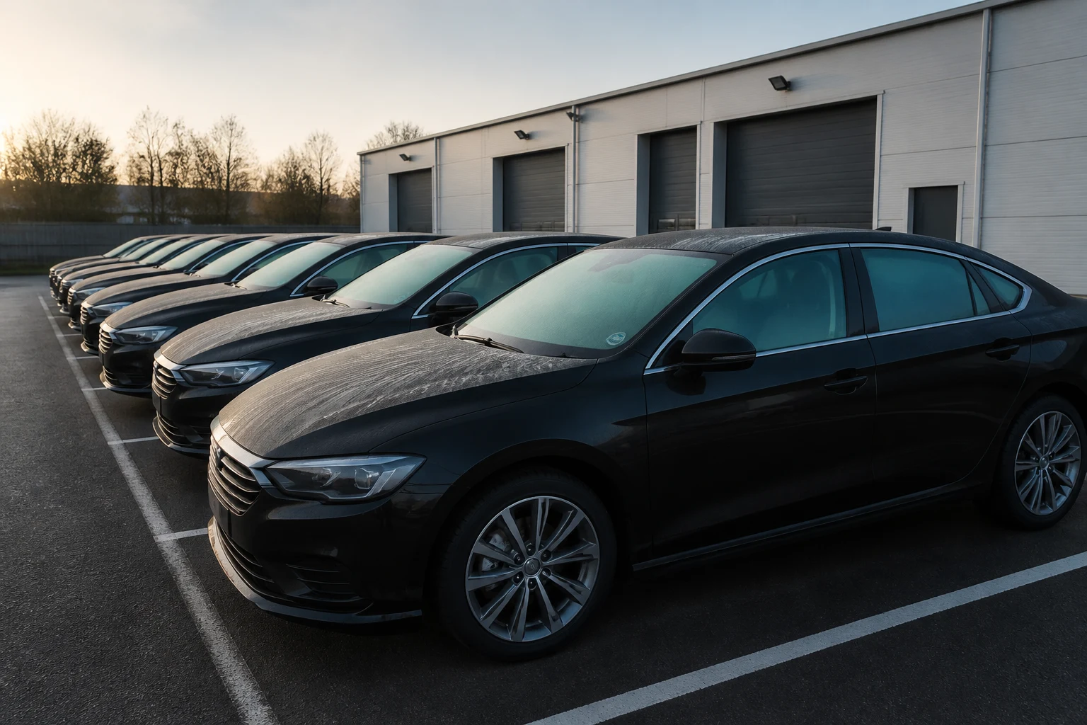 Rangée de berlines noires d'une flotte VTC garées devant un dépôt, vignette collée dans l'angle du pare-brise