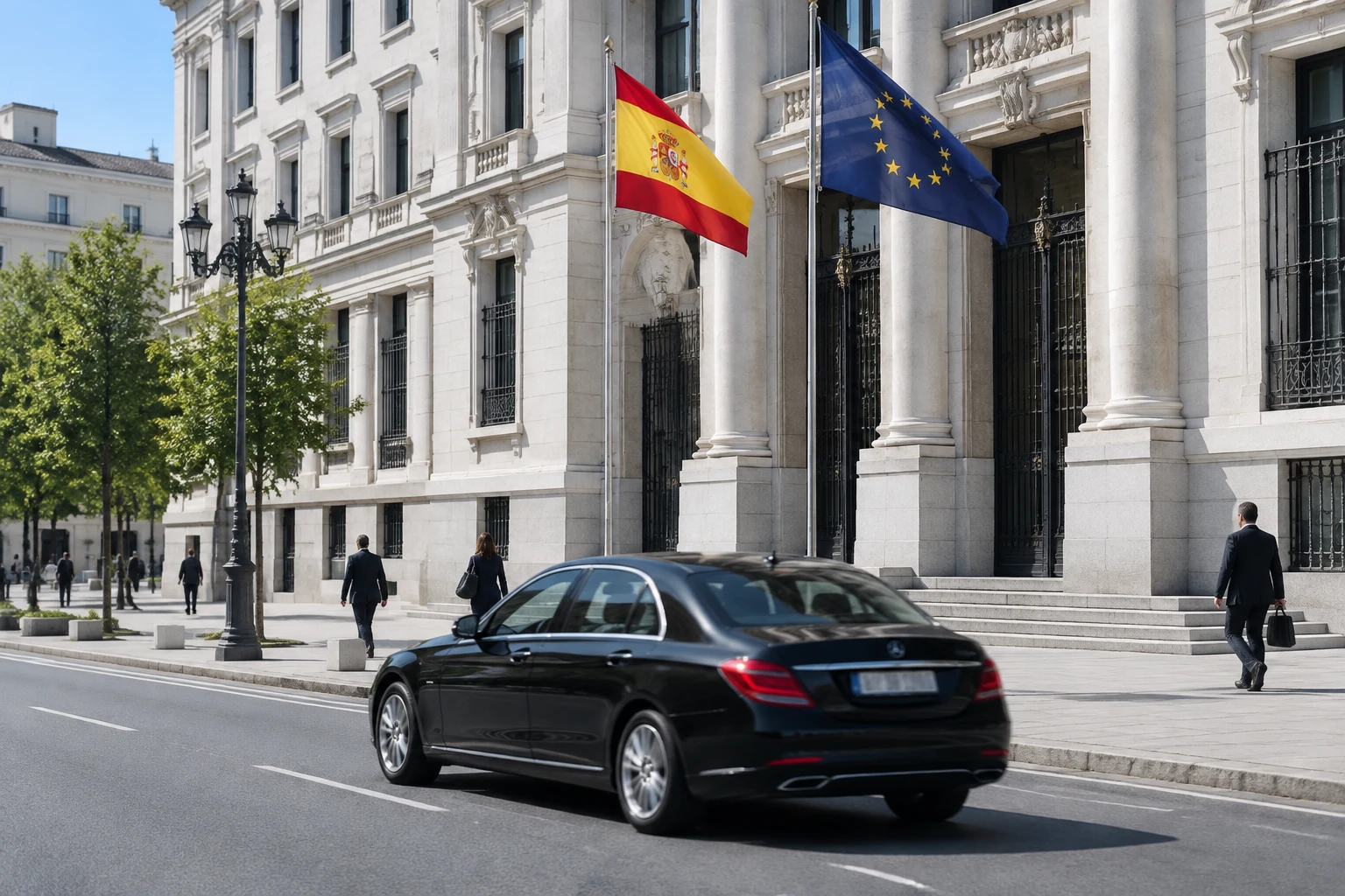 Edificio ministerial español con banderas y una berlina VTC negra circulando delante