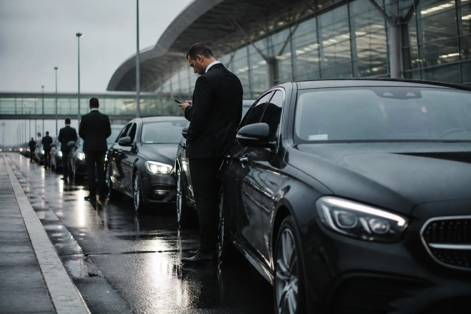 File de berlines noires VTC en attente devant un terminal d'aéroport au petit matin