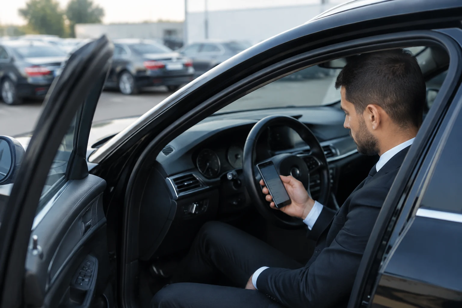 Chauffeur VTC salarié au volant d'une berline noire, enregistrant sa prise de service sur son smartphone au dépôt
